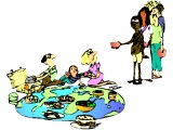 A family having a picnic, when a poor family turns up begging
